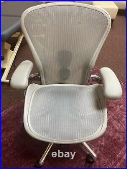 Herman Miller Aeron Chair Medium Mineral Polished Aluminum with Leather Arm pad