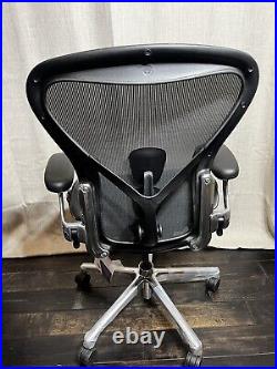 Herman Miller Aeron Remastered Chair Size B, BLACK/POLISHED ALUMINUM/LEATHER